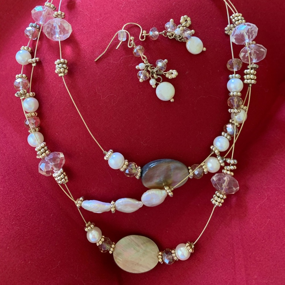 light pink and pearl stone necklace and earrings